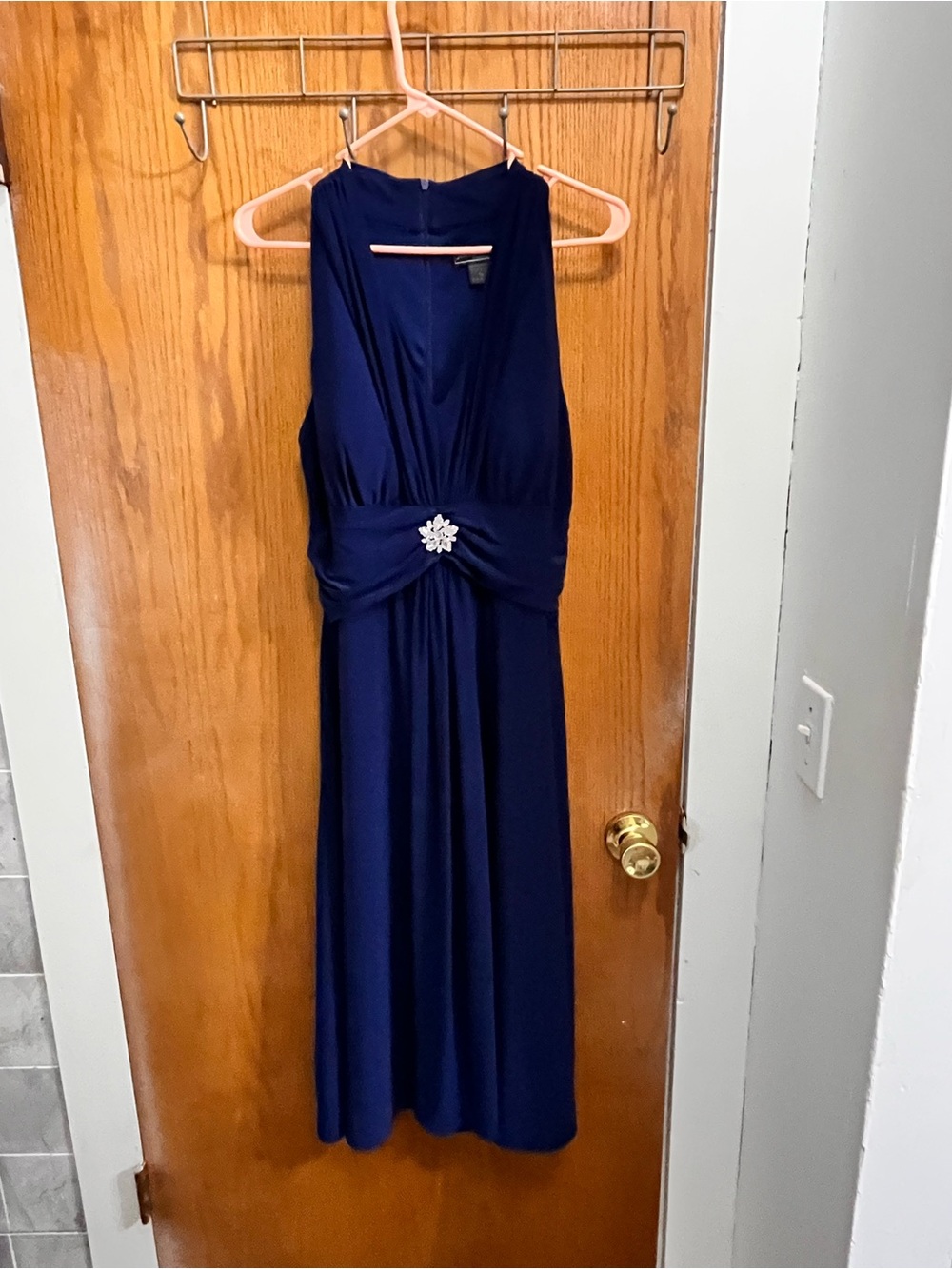 Jessica Howard Navy Sleeveless V-Neck Maxi Dress with Rhinestone Detail